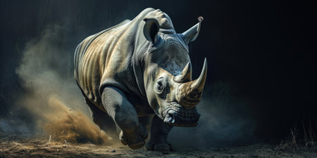 rhino running in the dust on black background.の素材