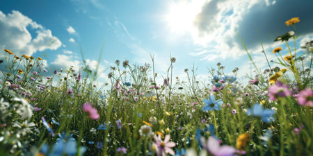 A beautiful, sun-drenched spring summer meadow. Natural colorful panoramic landscape with many wild flowers of daisies against blue sky.の素材
