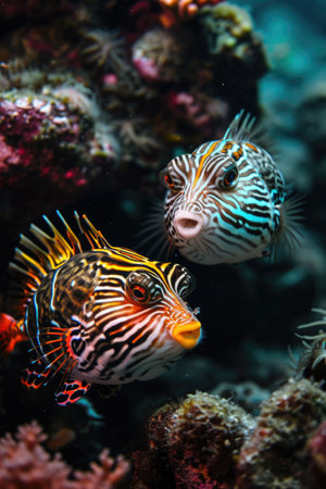 two types of puffer fish with colorful stripes.の素材