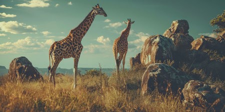 two giraffes are standing on a grassy field.の素材
