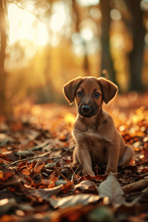 puppy sitting in leaves, in the style of motion blur panorama, golden palette.の素材
