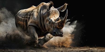 rhinoceros running on a dark background.の素材
