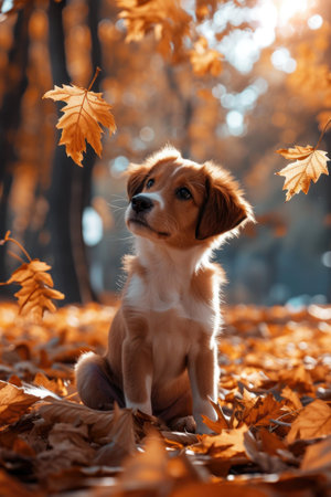 puppy sitting in leaves, in the style of motion blur panorama, golden palette.の素材