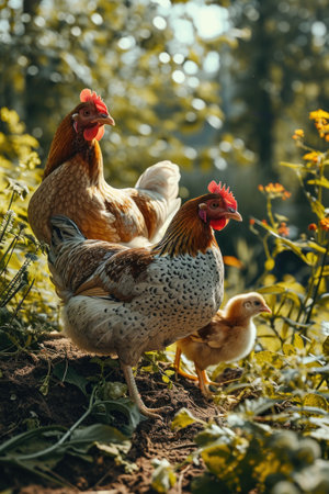 chick chicks and mother holding chicken on road farm natural scene.の素材
