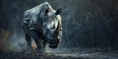 rhino running in the dust on black background.の素材