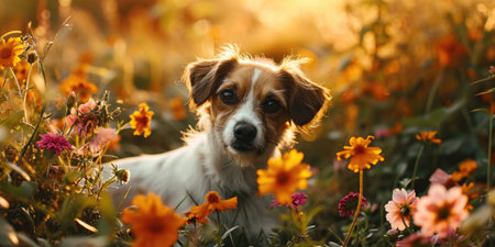 the dog is in amongst the flowers stock pictures, in the style of dark amber and white.の素材