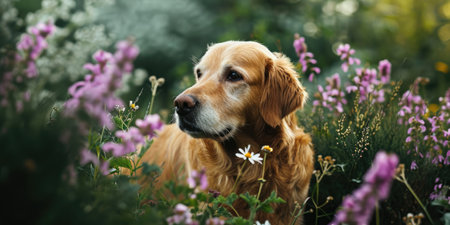 the dog is in amongst the flowers stock pictures, in the style of dark amber and white.の素材