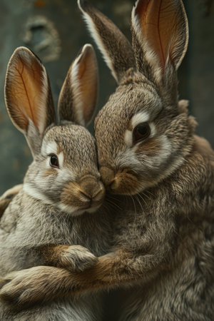 Cute little rabbit on green grass with natural bokeh as background during spring. Young adorable bunny playing in garden.の素材