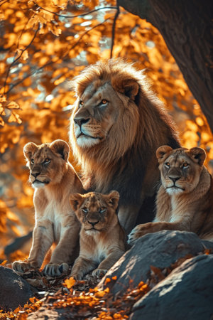 lion family in the fall sun.の素材