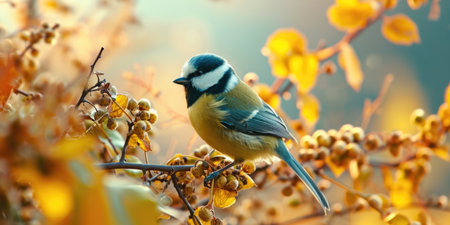Portrait of a cute great tit. Parus major. Song bird in the nature habitat. Autumn scene with a titmouse.の素材
