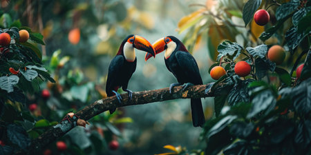 two colorful toucans sit on a branch in the forest, in the style of iconic.の素材