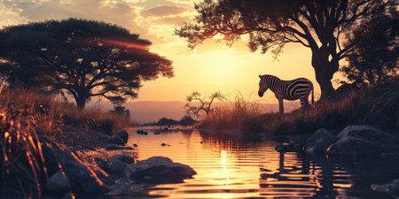 A zebra standing in the water. High quality photoの素材