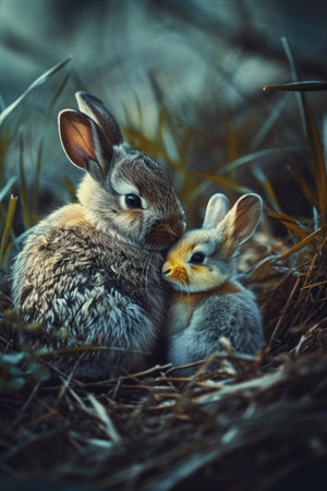 Cute little rabbit on green grass with natural bokeh as background during spring. Young adorable bunny playing in garden.の素材