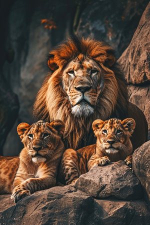 lion family in the fall sun.の素材