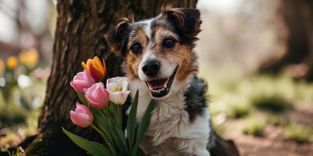 the dog is holding tulips and smiling in front of a tree.の素材