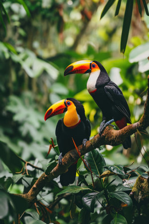 two toucan birds perched on a tree branch in a jungle, in the style of bold chromaticity.の素材