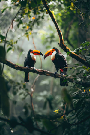 two colorful toucans sit on a branch in the forest, in the style of iconic.の素材