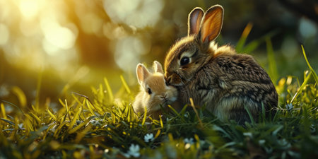 Cute little rabbit on green grass with natural bokeh as background during spring. Young adorable bunny playing in garden.の素材