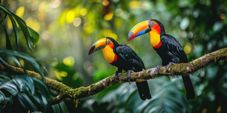 two colorful toucans sit on a branch in the forest, in the style of iconic.の素材