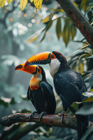 two colorful toucans sit on a branch in the forest, in the style of iconic.の素材