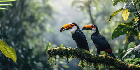 two toucan birds perched on a tree branch in a jungle, in the style of bold chromaticity.の素材