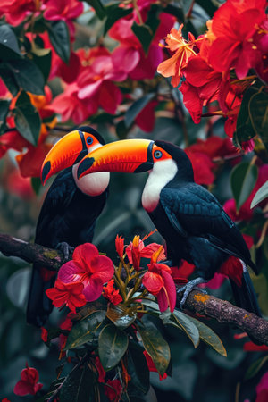 two toucans stand on a branch along bright red flowers, in the style of iconic.の素材