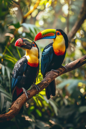 two colorful toucans sit on a branch in the forest, in the style of iconic.の素材