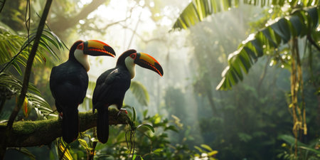 two toucan birds perched on a tree branch in a jungle, in the style of bold chromaticity.の素材
