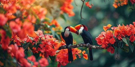 two toucans stand on a branch along bright red flowers, in the style of iconic.の素材