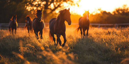 beautiful horses running through a grassy field at sunriseの素材