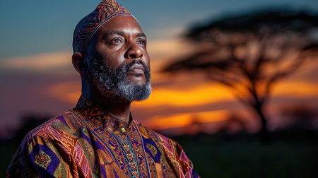 Proud African man in traditional attire, against a twilight savannah backdrop.の素材