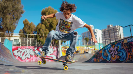 Energetic teenage skateboarder performing a trick in a vibrant urban park.の素材