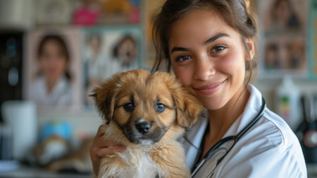 Caring female veterinarian examining a puppy, embodying compassion and animal care.の素材