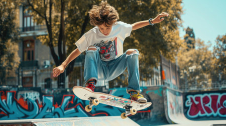 Energetic teenage skateboarder performing a trick in a vibrant urban park.の素材