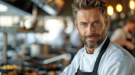 Focused male chef with blue eyes in a busy restaurant kitchen.の素材