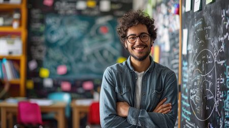 Friendly male teacher in a classroom, representing education and academic enthusiasm.の素材