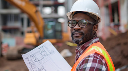 Confident construction worker with blueprints, depicting development and hard work.の素材