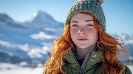 Adventurous young woman in hiking gear, with a stunning mountainous backdrop.の素材