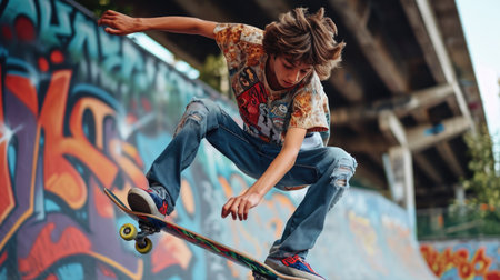 Energetic teenage skateboarder performing a trick in a vibrant urban park.の素材