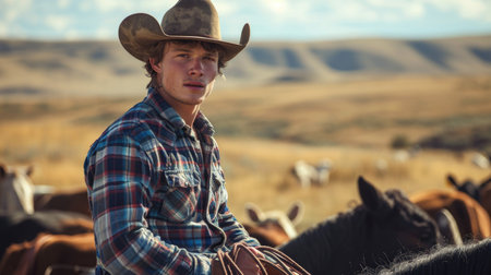 Young rancher on horseback herding cattle, representing traditional ranching and cowboy culture.の素材
