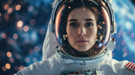 Confident female astronaut with Earth in the background, symbolizing space exploration.の素材
