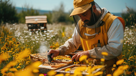 Beekeeper inspecting honeycomb in a field, highlighting sustainable beekeeping practices.の素材