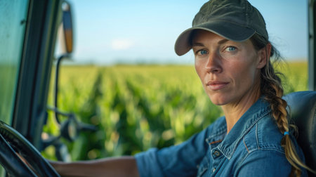 Female farmer driving a tractor in a cornfield, showcasing modern farming techniques and equipment.の素材