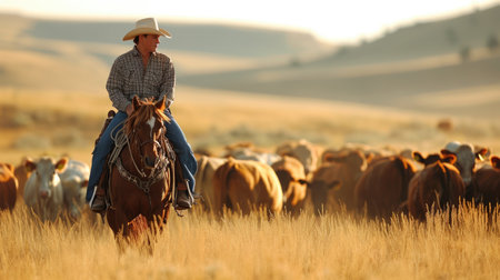 Young rancher on horseback herding cattle, representing traditional ranching and cowboy culture.の素材