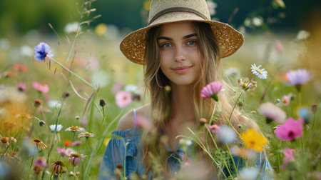 Young floriculturist picking wildflowers, showing the beauty of flower farming and nature.の素材