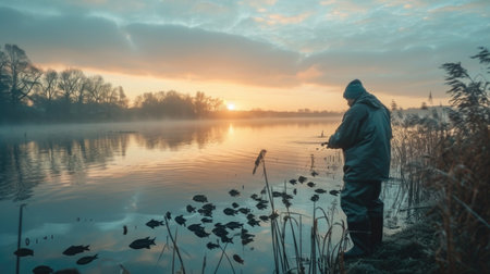 Fish farmer feeding fish at dawn, illustrating aquaculture and sustainable fish farming.の素材