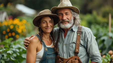 Elderly farming couple in their vegetable garden, representing partnership and dedication in agriculture.の素材