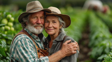 Elderly farming couple in their vegetable garden, representing partnership and dedication in agriculture.の素材