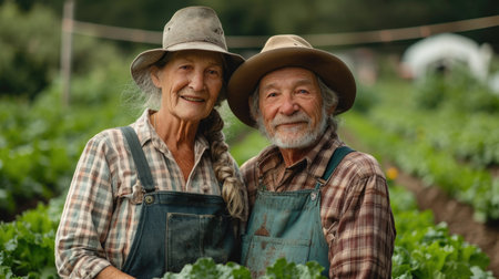 Elderly farming couple in their vegetable garden, representing partnership and dedication in agriculture.の素材
