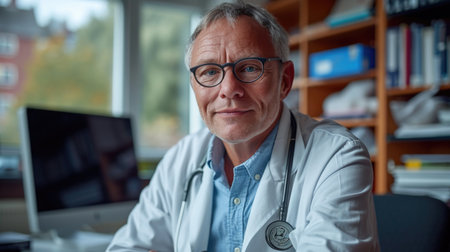 Experienced general practitioner in his office, symbolizing trust and medical knowledge.の素材